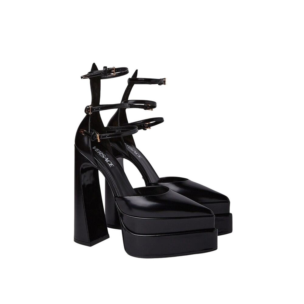 NIB Versace Aevitas EU 39 US 9 Pointed Platform Black Triple Strap Pumps $1,825